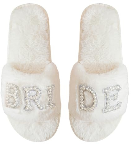 AffeGifts brudtofflor, gåvor mjuk brud att vara tofflor vita pärlor halkfria bröllopstofflor med 12 mm sulor EU storlek 38–40