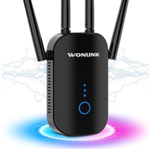 WONLINK Répéteur WiFi NE3501B, Amplificateur WiFi Puissant AC1200 Mbps, Double Bande Repeteur Puissant avec 4 Antennes,Compatible avec Toutes Les Box Internet,Configuration WPS en Un Clic