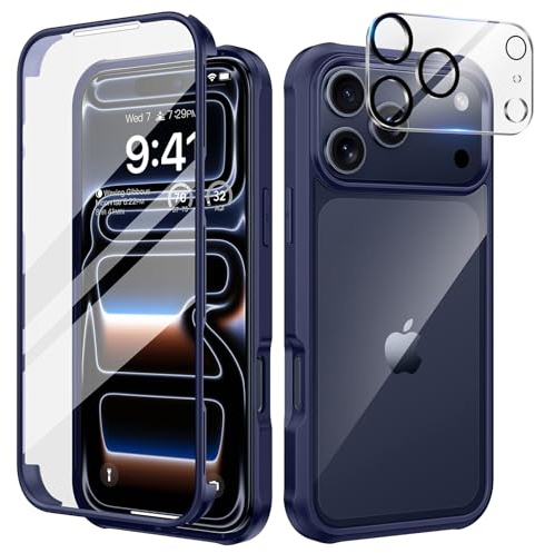 seacosmo för iPhone 17 Pro Mobilskal, [9H HD] Integrerat Skärmglas och Linsskydd, 360 Grader Stöttåligt Fodral, Stötdämpande Skal för iPhone 17 Pro, Blå | Stötsäkert fodral med härdat glas [9H HD], kameraskydd, dubbelsidig, heltäckande 360° skydd