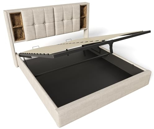 Upholstered Hydraulic Storage Bed Frame with Lift-Up Mechanism, Headboard Storage Shelves and Integrated Wireless Charging Pad, USB-A x2, Type-C Port, Linen Platform Bed with Slats (Beige,Super King)