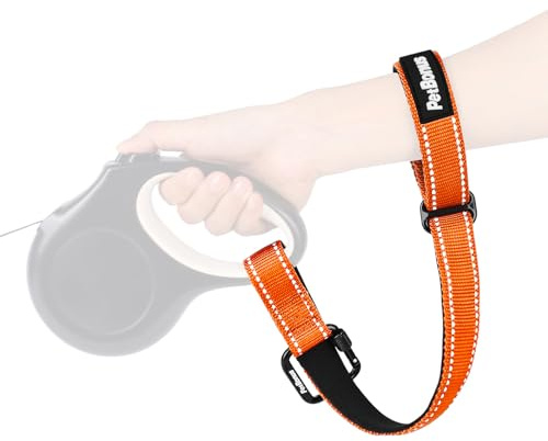 PetBonus handledsrem för hundkoppel, säkerhetsrem för utdragbart koppel, låsbar reflekterande kort promenadkoppel med mjukt vadderat handtag, extra säkerhetsskikt för husdjursvagn (orange)