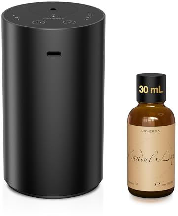 Airversa Waterless Essential Oil Diffuser Starter Kit with 30mL Sandal Lux Fragrance Oil Inspired by Luxury Hotel Scent for Home Car Office, Aroma Air Diffuser, Baterry Operated, ADX-Kit Metal Black