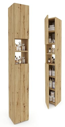 möbelkap Badezimmerschrank Eiche Artisan 24×31×172 cm – Badschrank Hochschrank schmal, modernes Badmöbel mit Türen & offenen Fächern, viel Stauraum für Handtücher und Kosmetik