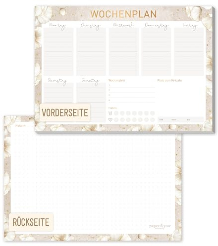 Wochenplaner Block A5 für To-dos, Ziele & Notizen Golden Blossoms | Für Alltag & Büro: 50 Blatt mit 100g/m²-Papier, A5-Format, Wochenziele, Habit-Tracker & Rückseite für Notizen