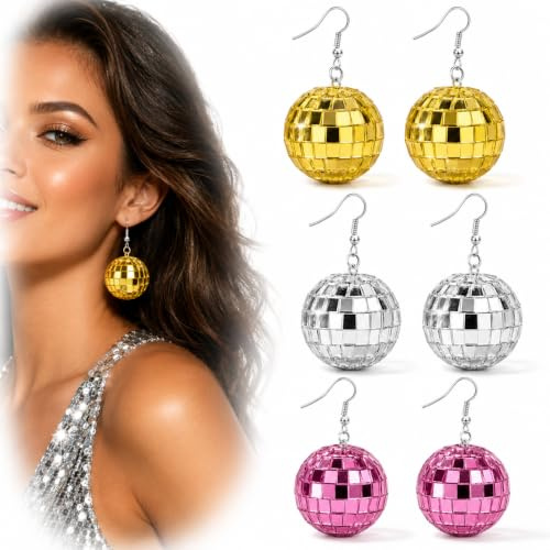 ZWWOGE 3 Paar Discokugel Ohrringe In Silber, Rosa & Gold - Retro 7er Jahre Accessoires Damen Für Festival & Disco Outfits - Stylische Silber Ohrringe Mit Glitzer-Effekt