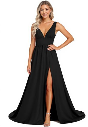 Fatapaese Classic Bridesmaid Dress Women's High Stretch V Neck Sleeveless Long Split Evening Dress Black M