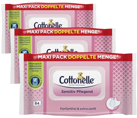 Cottonelle Feuchtes Toilettenpapier, Sensitive Pflegend - Parfümfrei, Biologisch Abbaubar, Plastikfrei, Wiederverschließbar, 1 x 84 Feuchttücher (Einzelpack) (Packung mit 3)