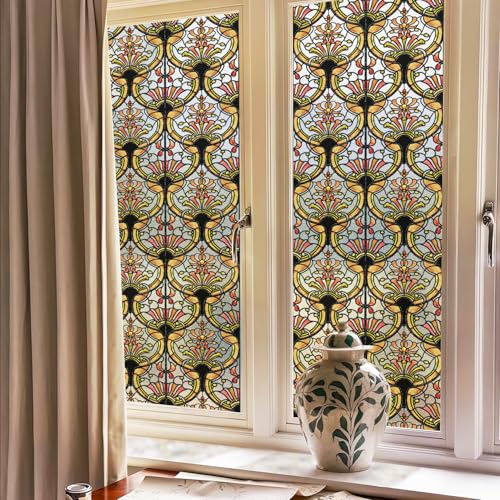 ChicSkin 3D Hand Drawn Stained Glass Window Film amber tracery 43X200CM | Original Vintage Decorative Window Film Privacy, Double-sided Static Cling Glass Decoration for Living room Bedroom Kitchen