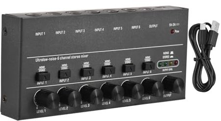 Vroomoto Mini Mixer Audio Mixer Stereo di Linea a 6 a Bassissimo Rumore 6 Ingressi 1 Uscita Commutazione Stereo Mono DC 5V Mini Portatile Microfono per T