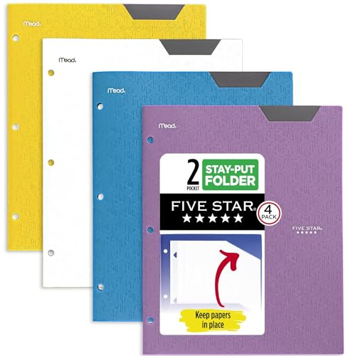 Five Star 2 Pocket Folders, 4 Pack, Plastic Folders with Stay-Put Tabs, Fits 3-Ring Binder, Holds 8-1/2” x 11 Paper, Writable Label, Tidewater Blue, White, Amethyst Purple, Harvest Yellow (38065)