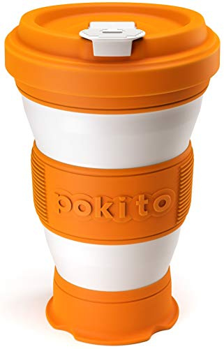 Trinkbecher für Kaffee und andere Getränke von Pokito | Super Faltbarer Becher/Kaffeebecher to go mit Deckel für unterwegs, Auto, Outdoor, Camping | Robust, wiederverwendbar, Auslaufsicher | Orange