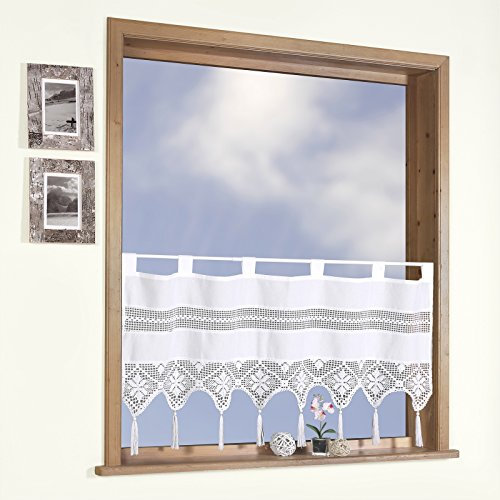 heimtexland Scheibengardine Country CHIC in Batist Optik 100% BW weiß 45 x 120 cm mit Schlaufen Landhaus Häkelborte m. Quaste & Holzkugel Häkelbistro Bistrogardine ÖKOTEX Typ504
