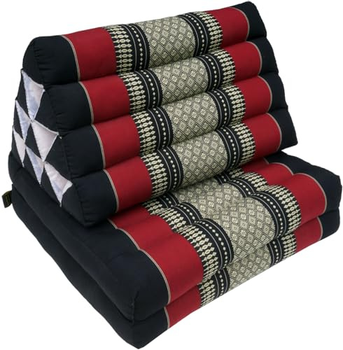 Cuscino thai, cuscino triangolare, in kapok, con 2 cuscini, colore: nero/rosso, cuscino tailandese