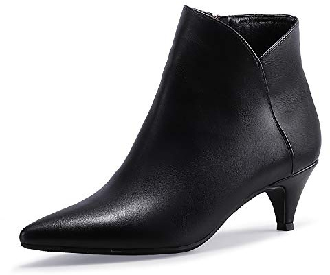 IDIFU Women's Kira Dress V-Cut Low Heel Pointed Toe Ankle Bootie Side Zipper Classic Short Boots(Black Pu, 8 M US)