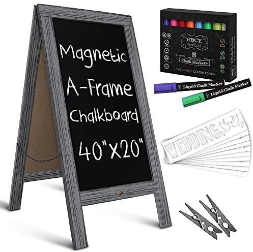 A Frame Chalkboard with Chalk Markers by HBCY Creations: 40x20 Solid Wood A-Frame Sign Gray Double-Sided Magentic Menu Board, Deluxe Set Includes 8 Chalk Markers, 10 Stencils, 2 Magnets