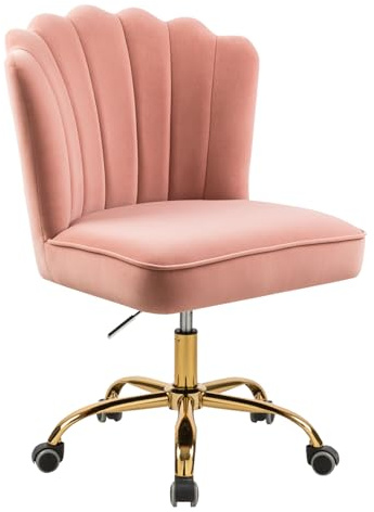 WOEOA Bürostuhl Samt,Mädchen Schreibtischstuhl,Drehstuhl,Höhenverstellbar Muschel Stuhl,360° Drehbar Rollen Computerstuhl,Gold Stuhlbeine für Schminktisch,Bürodame (Rosa)