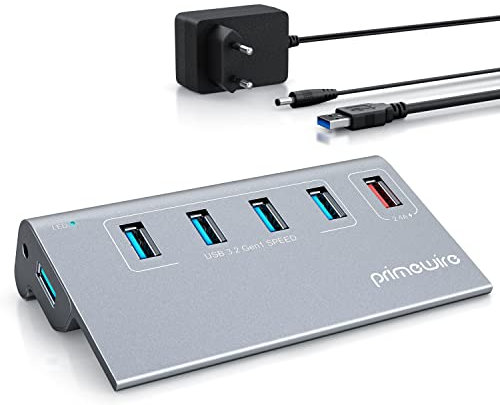 CSL - 5 Port USB 3.2 Hub Aktiv mit Netzteil und USB Kabel - USB 3.0 USB 3.2 Gen.1 Datenhub für MacBook Air Pro iMac Surface Pro Laptop – für Windows 11 und MacOS - Alugehäuse Space Grey