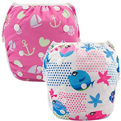 ALVABABY Swim Diapers 2pcs Reusable Baby Swim Diaper 9 Months-3T Adjustable Snap Washable Toddler Swimming Diaper for Pool Beach & Swim Lessons – Waterproof PUL Leak-Proof UPF 30+ Large Size