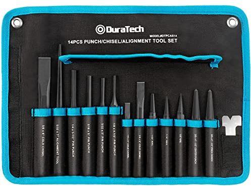 DURATECH 14 Piece Punch/Chisel/Alignment Tool Set, Including Pin, Center and Nail Punches, Alignment Tool, Cold Chisels, Chisel Gauge, with Rolling Pouch