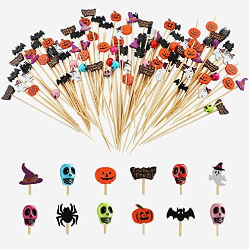 Bekeify 200 Pzas Halloween Palillos de Cóctel 12 cm Brochetas de Frutas Palitos de Cóctel de Madera Brochetas para Picoteos Palillos Decorativos Cráneo Calabaza Murciélago Halloween Pinchos
