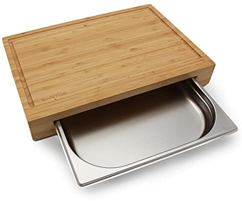 SANTOS Schneidebrett Bambus mit Auffangschale - 42,5x7x29cm - Serviertablett Groß - Holzbrett zum Hacken & Servieren - Küchenhelfer - Tranchierbrett