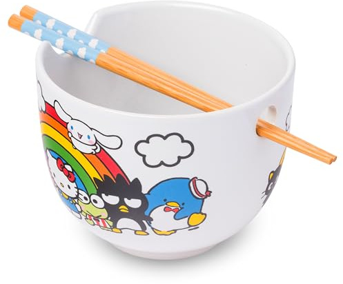 Silver Buffalo Sanrio Hello Kitty and Friends Rainbow Featuring Chococat, Pompompurin, My Melody, Keroppi, Badtz-Maru, Smoking Sam, Cinnamoroll Ceramic Ramen Reisschale mit Essstäbchen, 590 ml | Chococat, Pompompurin, My Melody, Badtz-Maru, Smoking Sam, Keroppi, Cinnamoroll, Nudeln, Reis, Regenbogen, Nudelreis, 0,59 l