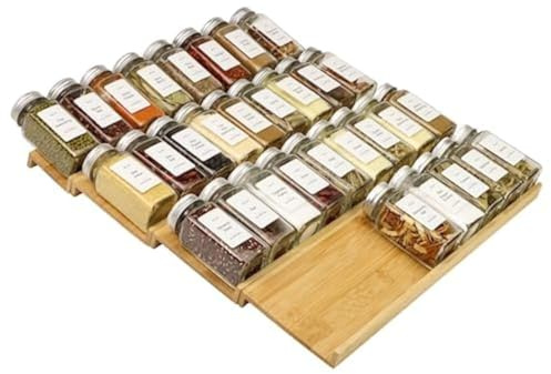 KitHero 4-Tier Bamboo Spice Drawer Organizer for Cabinet, Drawer, Counter, Kitchen, Seasoning, Storage Drawer, 16 inches wide x 15.8 inches deep (can hold)