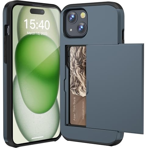 ACOCOBUY for iPhone 15 Case with Card Holder Sliding Cover 6.1 inch Navy | Hidden Pocket IDs Credit Cards Slot Heavy Duty Shockproof Protective Dual Layer Wallet Phone Cover Back Shell for Men Women