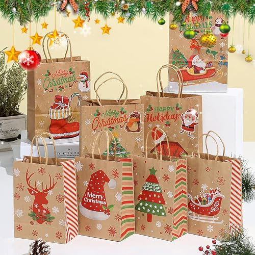 SANOU Weihnachtsgeschenktüten 24 Stück Papiertüten mit Henkel Geschenktasche Geschenktaschen Weihnachten Ideal zum Aufbewahren kleiner Geschenke zu Weihnachten