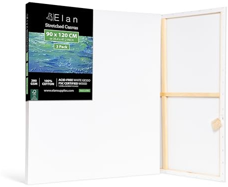 Elan Tela per Dipingere 90x120, Set da 3 Tele per Dipingere 90x120, 100% Cotone Tele Pittura Grandi, Canvas for Painting 280GSM, Tela 120x90