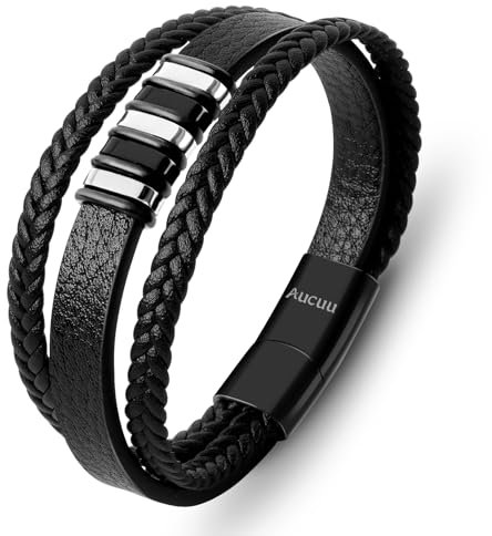 Aucuu Lederarmband für Männer, Herren Armband, Wickelarmband mit Magnet Verschluss, Geflochten Leder Armreif Schwarz | Magnetverschluss aus Edelstahl | Inklusive Schmuckschachtel |Geschenk für Männer