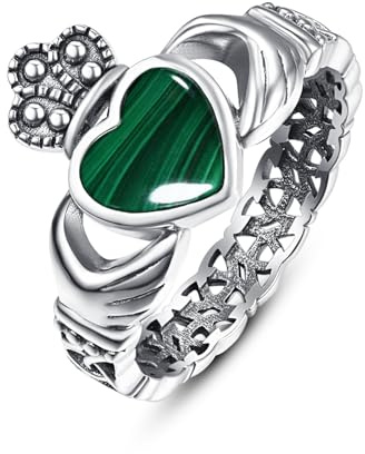 AVECON Heart Malachite Claddagh Rings 925 Sterling Silver Celtic Knot Ring Malachite Rings for Women Statement Engagement Ring Irish Jewelry Gifts Fit Size 9