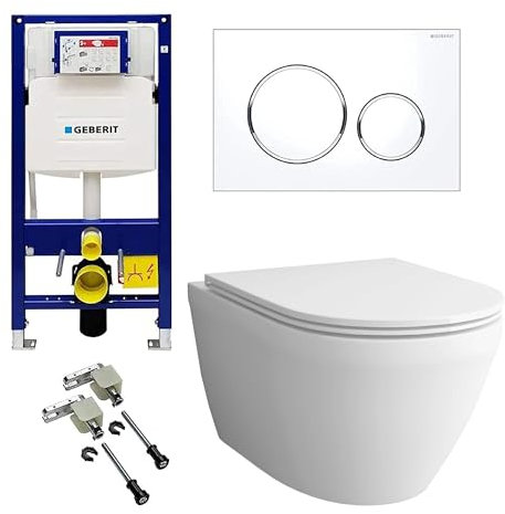 Alpenberger Hänge WC Komplettset | Wand WC Spülrandlos | Toilettendeckel mit Absenkautomatik | Spülkasten Bausatz Betätigungsplatte | Vorwandelement WC Set Komplett | Passend Geberit (8200 CS)