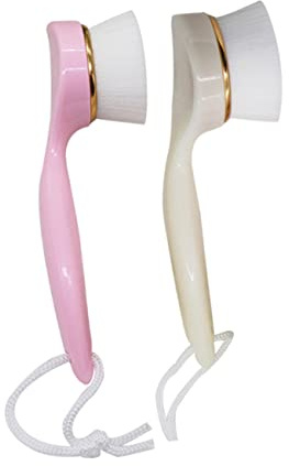2 Stück-pack Manuelle Gesichtsbürste mit Langem Griff für Reinigung | Kunstfaser und Abs Ausführung, Rosa und Beige, Leicht zu Halten, mit Lanyard für Reise und Zuhause