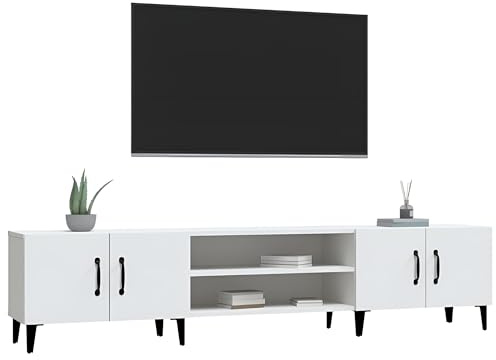 Primal Internet GmbH TV Schrank Weiß oder Schwarz 180 cm lang | Fernsehschrank aus Holz | Fernsehtisch & TV Lowboard schmal mit Fächern & Türen (Weiß)