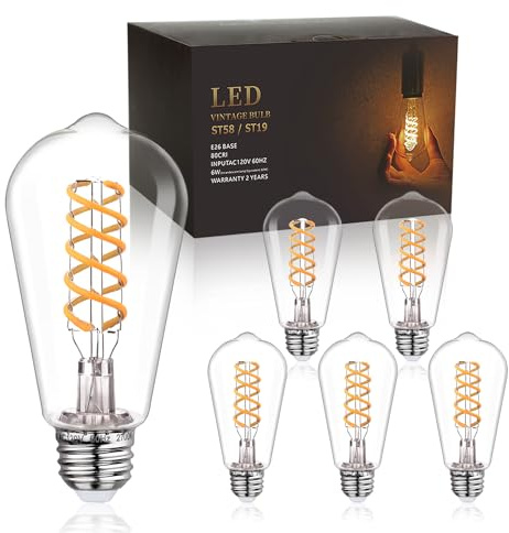 RuiAoTD ST58 (ST19) Vintage Edison LED Bulb,Soft White 2700K,Antique Flexible Spiral LED Filament Light Bulb,600LM,6W Equivalent to 60W,CRI 80+,E26 Base,Clear Plastic,6 Pack
