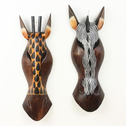 Oriental Galerie 2er Set Giraffe Zebra Wandmaske Holzmasken Maske Afrika Handgeschnitzte Exotische Tiermaske ca. 50 cm