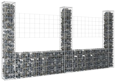 Homgoday U-shape Gabion Basket with 3 Posts Iron 260x20x150 cm, Gabion Basket Cage, Mesh Wire Stone Basket, Outdoor Spiral Retaining Wall, Garden Planter Hardware