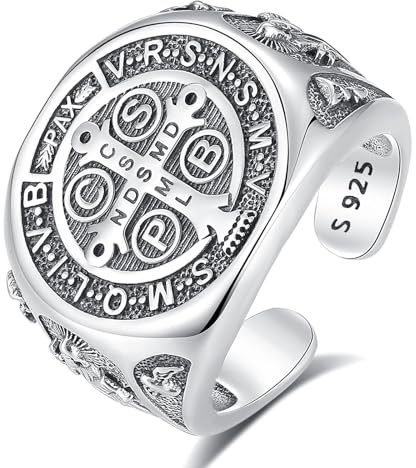 INFUSEU Anillo San Benito, Plata de Ley 925 Religioso Católico Cristiano Exorcismo Anillo Hombre Caballeros Templarios Medalla Cristiana Cruz Orden Protección Joyería para Mujer Hombre