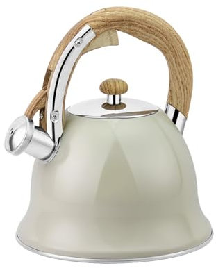 Justup Flötenkessel, 3L Teekessel mit Holzoptik Griff, Wasserkessel Induktion Flötenkessel aus Edelstahl für Induktionsherd, Gasherd und Elektroherd (Beige)