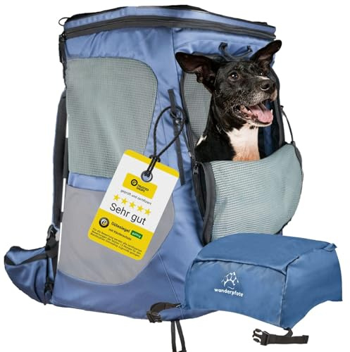Wanderpfote Hunderucksack bis 16kg - Modell Daypack, Größe L, Blau - Premium Rucksack für mittelgroße bis große Hunde mit Höhenverstellbarem Tragesystem und viel Raum für den Hund (Daypack - Blau, L)