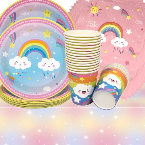 Doyomtoy Vaisselle de Fête Arc-en-ciel Anniversaire, 61 Pièces Arc-en-ciel Vaisselle Papier Set Assiettes en Papier Serviettes Tasses pour Fête à Thème Fille Décorations Fête d'anniversaire Filles