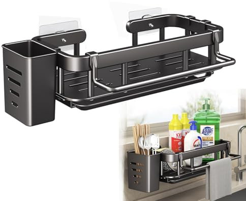 XIANGLV Kitchen Sink Organiser, Under Sink Storage, Punch-Free Kitchen Wall Storage with Removable Drain Pan, Cutlery Storage Rack,Towel Rack and Hooks