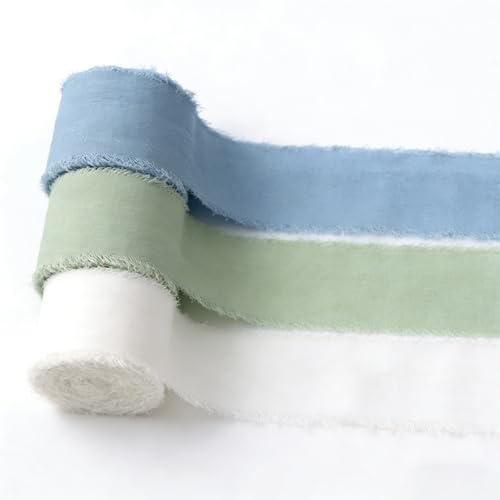 Schleifenband Chiffon 3er Set – 5 m x 30 mm Breites Chiffonband, Handgefertigtes Geschenkband Mit Fransen, Für DIY, Hochzeitsdeko Und Geschenkverpackung, Blau Grün Weiß
