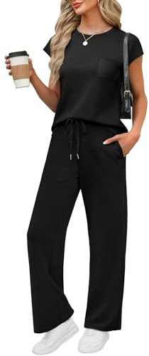 WIHOLL Workout Sets for Women 2 Piece Travel Airport Outfits on Plane Summer Business Casual Loungewear Ladies Pants Comfy Sets Cruise Vacation Outfits Resort Wear for Womens 2026 Clothing Black M