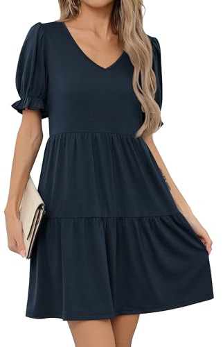 Missufe Robe d'été pour femme, ligne A, col en V, robe patineuse, robe à volants, manches bouffantes, manches courtes, swing, robe de loisirs, Bleu paon, L