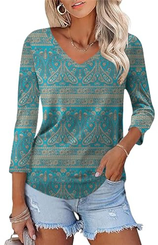 Rapbin Bluse Damen 2026 Sommer für 3/4 Ärmel Oberteile Elegant Tops Lässig V-Ausschnitt Tunika Shirt
