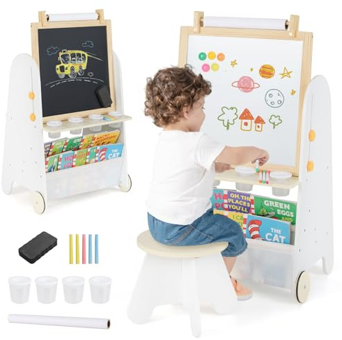 COSTWAY Kids Art Easel and Stool Set, 4 in 1 Toddler Activity Table with Magnetic Whiteboard, Chalkboard, Bookshelves, Paper Roll, Paint Cups, for Drawing, Reading, Learning (White + Natural)