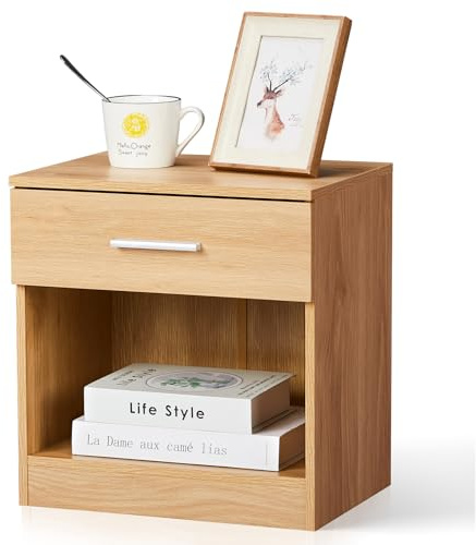 LEADZM Nachttisch Nachtschrank Schlichter Beistelltisch | Kommode mit offenem Fach und 1 Schublade für Schlafzimmer, Wohnzimmer Farbe Eiche