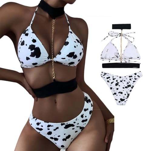 Bikini med ko-tryck, kedjerem, halterneck, string, triangulär, bikiniset, sexig, cosplay, bh, trosor, set, baddräkter, baddräkt, Vit, M